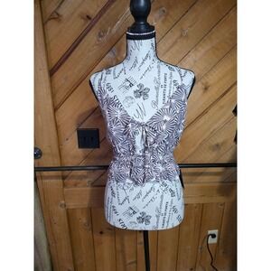 Volcom Womens XS Tan White Fan Print Tie Front Peplum Camisole Top NWT